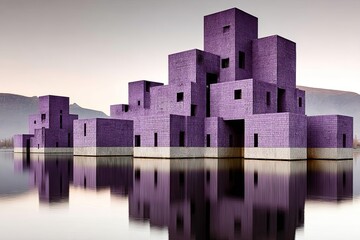 Purple architectural complex on water, minimalist design