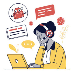 Customer service agent with headset working on laptop and interacting with chatbot isolated on transparent background