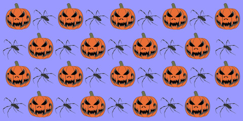 Seamless Halloween Pattern with Scary Jack-o'-Lantern Pumpkins and Black Spiders on Purple Background