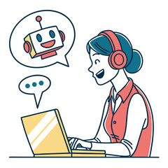 Woman with headphones talking to a friendly robot on a laptop isolated on transparent background