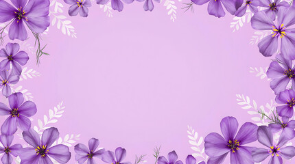 A charming frame of vibrant purple cosmos flowers and delicate white leaves borders a soft lavender background, perfect for invitations or romantic designs