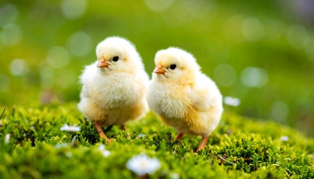 Two baby chicks in a grassy area