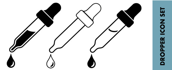 Obraz premium Illustration of various dropper icons for medical and cosmetic use with liquid droplets falling down