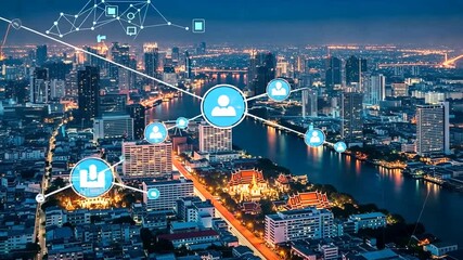 Digital network over cityscape at night symbolizing global connections and social media connectivity - Powered by Adobe