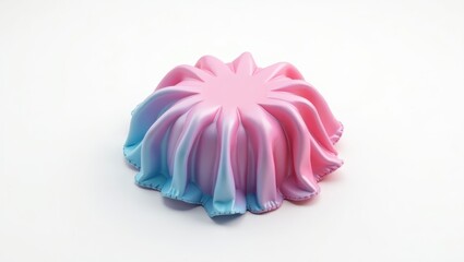 A draped, textured, round form in shades of pink and blue.