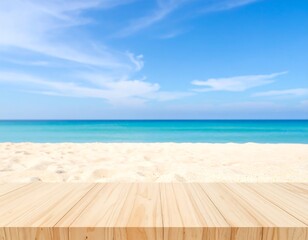 Fototapeta premium Empty wooden deck over sandy beach, clear blue sky