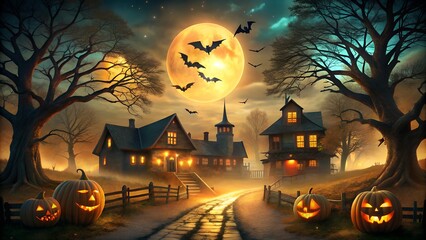 Photo of a spooky halloween night scene with a glowing full moon, haunted houses, carved pumpkins, and bats flying in the eerie, foggy atmosphere