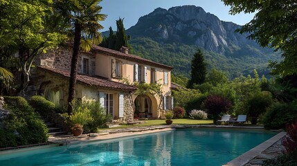 Obraz premium Swimming Pool at Mediterranean Villa with Mountain View