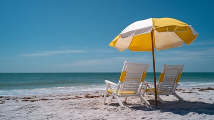 beach chairs and umbrella facing sea on sunny tropical coastline