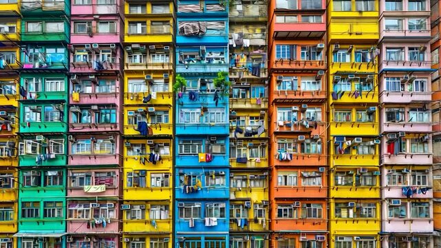 Colorful apartment buildings with clotheslines