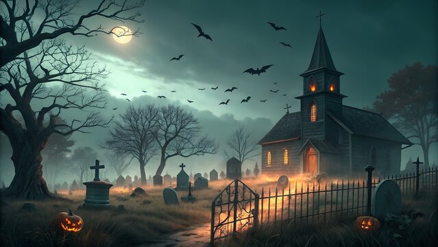 Photo of eerie halloween night at a haunted graveyard with a church, bats, and glowing pumpkins under a full moon