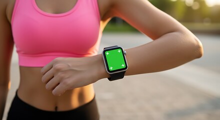 Active individual using a wearable fitness tracker with a green screen display during an outdoor workout. Highlights modern technology's role in health and personal wellness journeys.