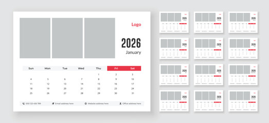 Desk calendar 2026 planner template, Monthly calendar layout for 2026 year, Week starts on sunday.