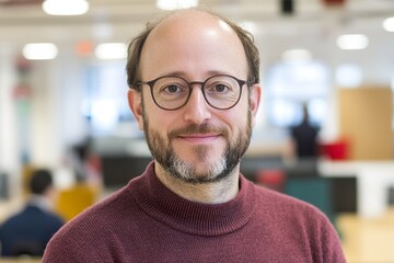 Fototapeta premium Bearded Male with Glasses Smiles in Modern Office Setting