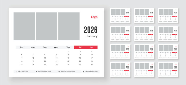 Desk calendar 2026 planner template, Monthly calendar layout for 2026 year, Week starts on sunday. - Powered by Adobe