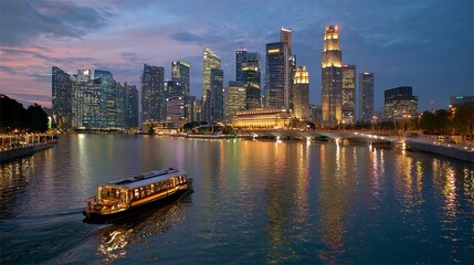 Fototapeta premium River Boat Tour at Dusk with City Skyline Reflections