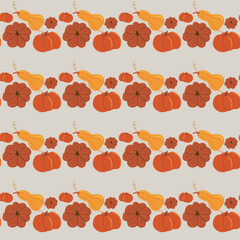 Seamless vector pattern of assorted cartoon pumpkins and gourds in vibrant orange and yellow tones on a light grey background. Ideal for autumn harvest themes.