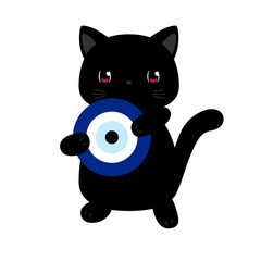 Cute black cat with Turkish evil eye. Greek evil eye. Symbol of protection in Turkey, Greese, Cyprus. Blue Turkish Fatimas Eye. Amulet from evil eye. Nazar. Magic item, attribute