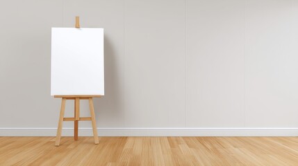 A blank canvas on a wooden easel stands against a neutral wall, creating a minimalist and inspiring artistic space.