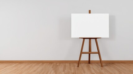 A blank canvas stands on a wooden easel against a minimalist wall, ready for artistic creation.