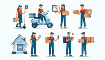 Flat vector illustration of a male and female delivery courier character