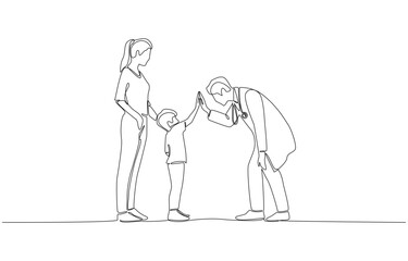 Continuous one line drawing of doctor giving boy patient high five, medical healthcare concept, single line art.