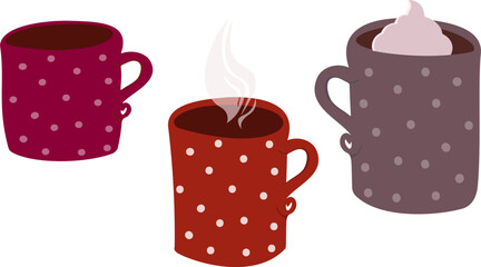 Set of three isolated cartoon mugs in red tones and polka dots, steam and whipped cream. Ideal for cozy beverage designs.