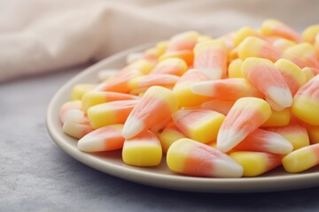 Colorful Candy Corn Piled on Plate Celebrating Autumn and Halloween.