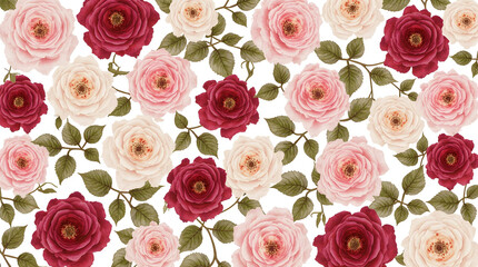 Naklejka premium A romantic pattern features luscious pink, white, and deep red roses with green leaves and delicate vines, creating a timeless and elegant floral background