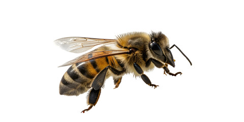 Detailed macro view of a busy honeybee in flight showcasing its intricate wings, fuzzy body, and segmented legs, perfect for nature and agriculture themes, transparent background Png