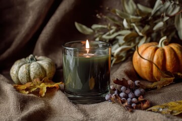 Autumn Candlelit Scene with Pumpkins, Leaves, and Seasonal Vegetation.