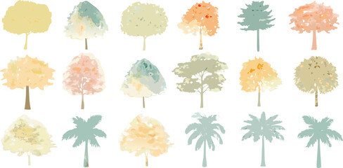 Watercolor illustration of softly painted trees in muted pastel tones, arranged in two rows on a white background with airy composition

