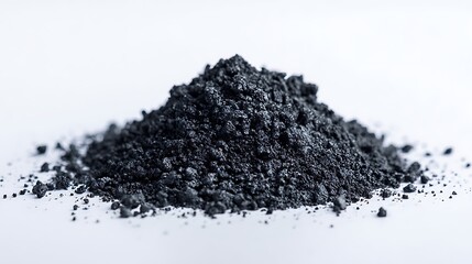 Heap of Sparkling Dark Powdered Material on White Background, Fine Particles
