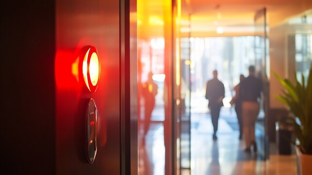 Fire alarm in a high rise building lobby with people entering and exiting capturing the importance of fire alarms in urban apartment complexes