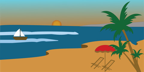 Sunset Beach Landscape with Palm Trees, Sailboat, Seaside Umbrella and Deck Chairs Vector Art

