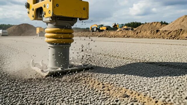 Industrial plate compactor vibrating tines efficiently flatten gravel at construction site