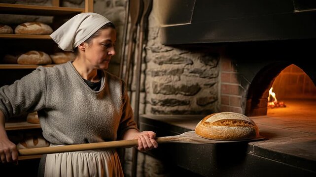 Female baker pulls golden brown loaf of bread from stone oven in traditional bakery