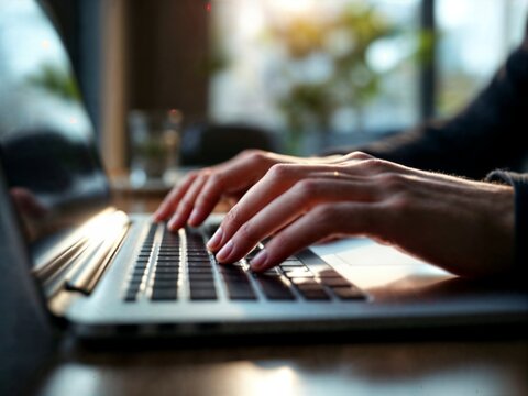 close up of hands typing on a laptop keyboard, shallow depth of field, cinematic lighting