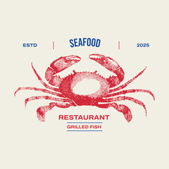 Realistic traditional ink drawing crab for label, logo, poster, tattoo. Seafood vintage retro print, crawfish sketch grainy texture, grunge. Fish artwork. Vector illustration. Stipple photocopy effect © Arttabula