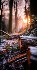 Winter sun streams through a snowy forest path, illuminating logs
