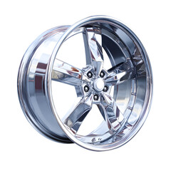 Obraz premium Shiny chrome five spoke alloy car wheel rim with polished surface reflecting light isolated on transparent background