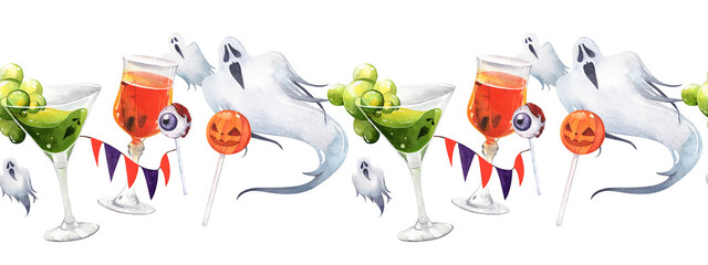 Halloween cocktails with sweets and flags red and purple watercolor illustration seamless pattern. Horizontal border. Halloween themed drink menu with a variety of drinks and snacks
