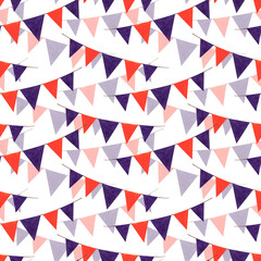 Triangular flags red and purple watercolor illustration seamless pattern. Ornament of pennants on ribbon. Concept of holiday and celebration