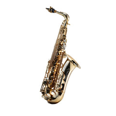 A detailed studio shot of a golden brass saxophone musical instrument with intricate keys and tubing isolated on transparent background