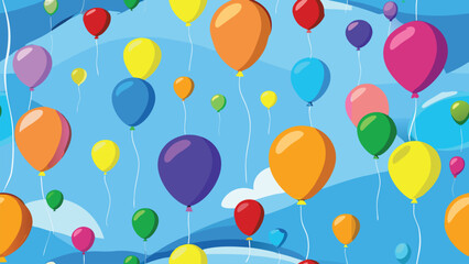 Colorful floating balloons against a blue sky cartoon vector background for celebration