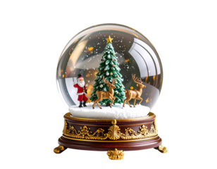 Snow Globe with Santa and Reindeer on Rotating Music Box Base, Motion Blur Effect, Transparent Background