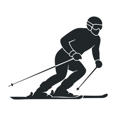 Silhouette of male skier wearing helmet and goggles in action. Vector illustration