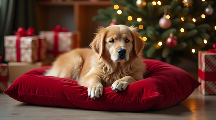 Cute golden retriever puppy lying on a red pillow in front of a Christmas tree and presents. Holiday scene.