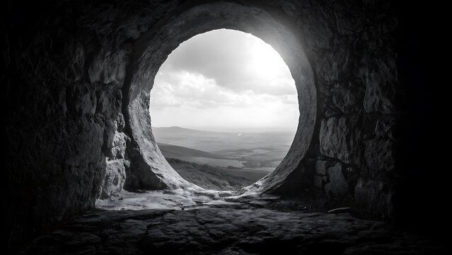 Oval window framing a dramatic cloudy sky over rolling hills