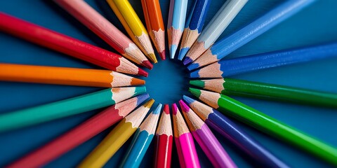 Radiant Circle of Colored Pencils on Blue Background Showcasing Symmetry, Vibrant Spectrum and Creative Artful Composition